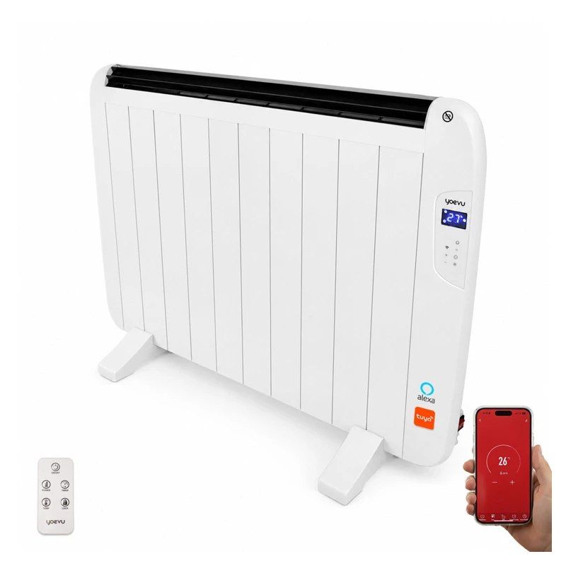 Yoevu - Radiador Eléctrico Bajo Consumo, 10 Elementos, 1500 W, Temporizador, Programable, Mando A Distancia, Pantalla Lcd, App Control Wifi, Compatible Con Alexa, Apto Pared O Pie, Aluminio, Blanco