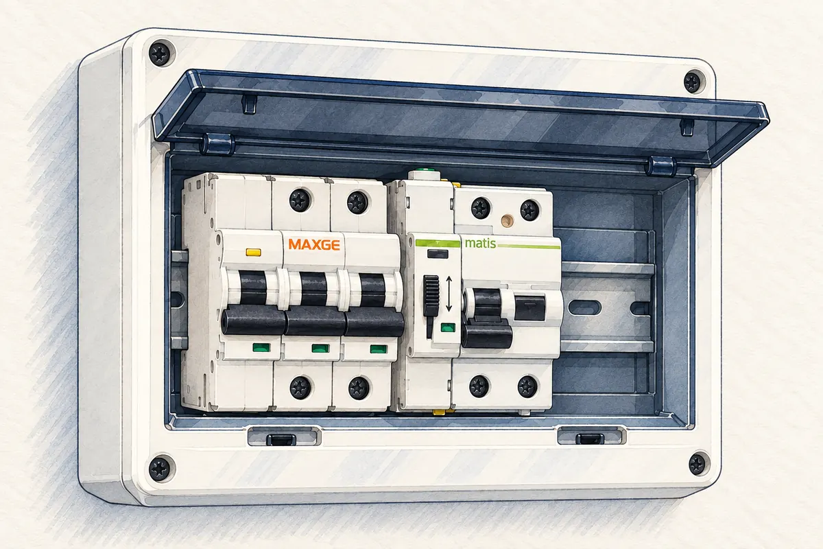 Ilustración de la caja de superficie con protector de sobretensiones y diferencial con rearme