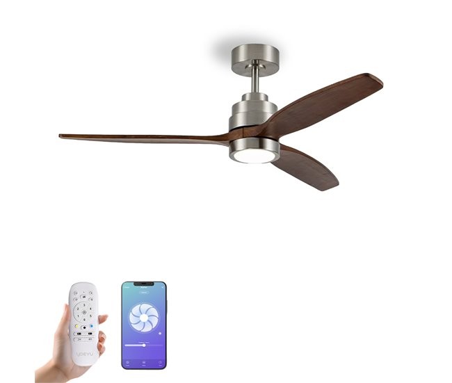 Ventilador de techo LED inteligente con mando, app y aspas de madera natural